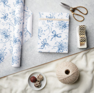 Papel De Presente Fitas Azuis e Laços Toile Coquette Padrão