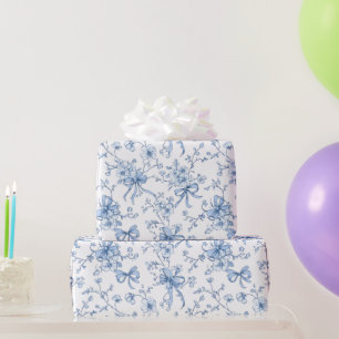 Papel De Presente Fitas Azuis e Laços Toile Coquette Padrão