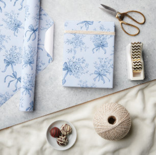 Papel De Presente Fitas Azuis e Laços Toile Coquette Padrão