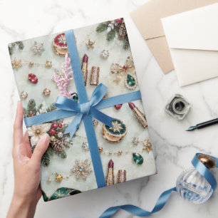 Papel De Presente Fitas de Natal com Joias Burgundy Esmeralda