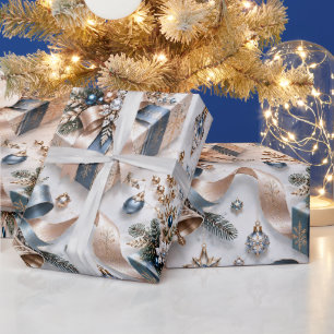 Papel De Presente Fitas de Natal de Champanhe Azul Gélido