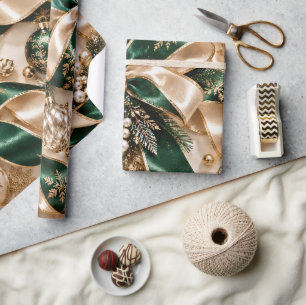 Papel De Presente Fitas de Natal Luxuosas Esmeralda Dourado