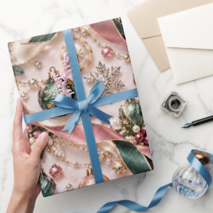 Papel De Presente Fitas de Natal Rosa Verde Blush