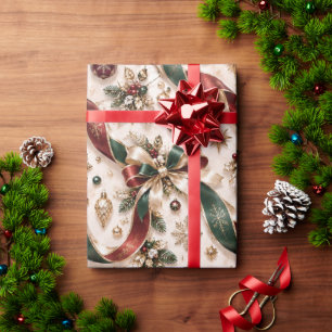 Papel De Presente Fitas de Natal Tradicionais Burgundy Verde