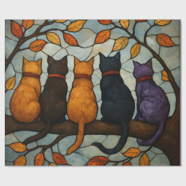Papel De Presente Five Cats on a Tree Branch Stained Glass Style