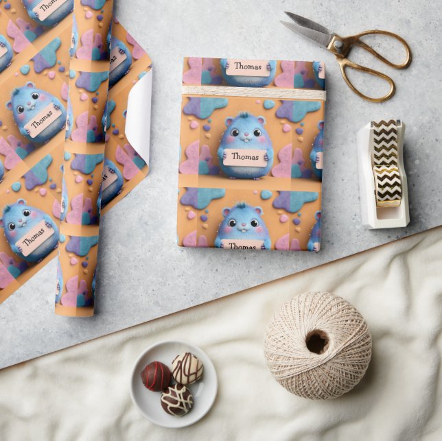 Papel De Presente Fixe Fluffy Blue Hamster Segurando um Sinal com No (Artesanato)