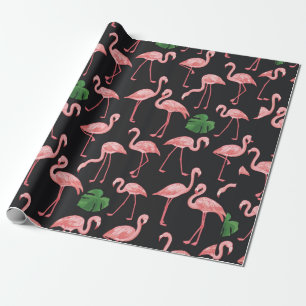 Papel De Presente flamingo com folhas de palma de monstera. 