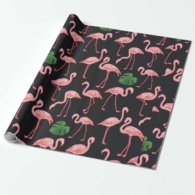 Papel De Presente flamingo com folhas de palma de monstera.  (Desenrolado)