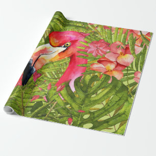 Papel De Presente Flamingo cor-de-rosa na palma e na selva de