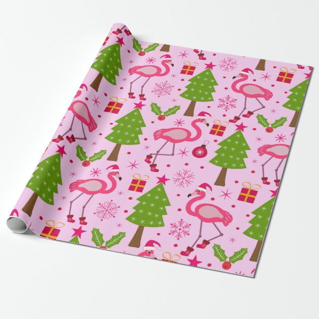 Papel De Presente Flamingo de Natal Tropical com Árvore Pinha Rosa (Desenrolado)