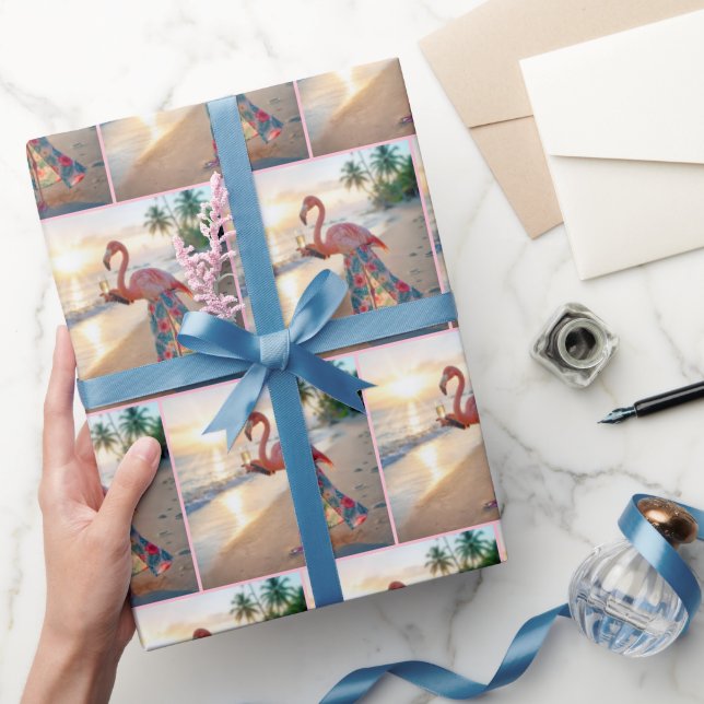 Papel De Presente Flamingo de Saia Segurando uma Taça de Champanhe (Presentear)