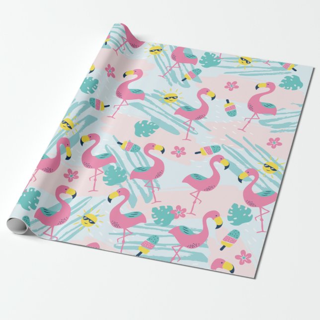 Papel De Presente Flamingo Engraçado Fofo Padrão Tropical Verde Ment (Desenrolado)
