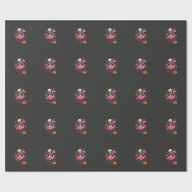 Papel De Presente Flamingo Esqueleto Halloween Balde De Doces Vetor  (Aberto)