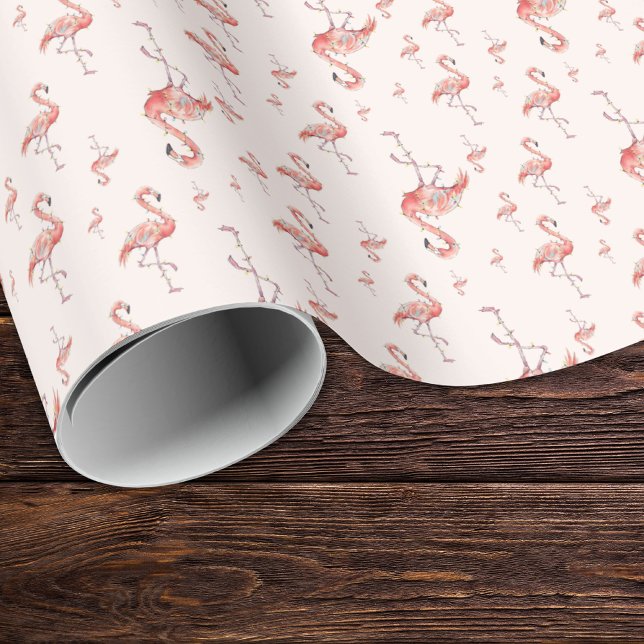 Papel De Presente Flamingo Luzes Natal Divertido Rosa Bege (Criador carregado)