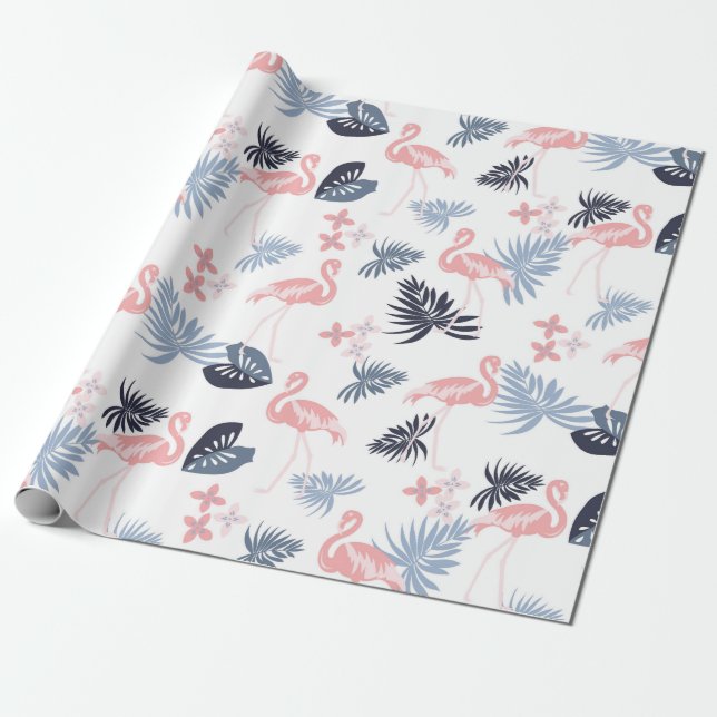 Papel De Presente Flamingo, Marinho monstera, cor-de-rosa, azul poei (Desenrolado)