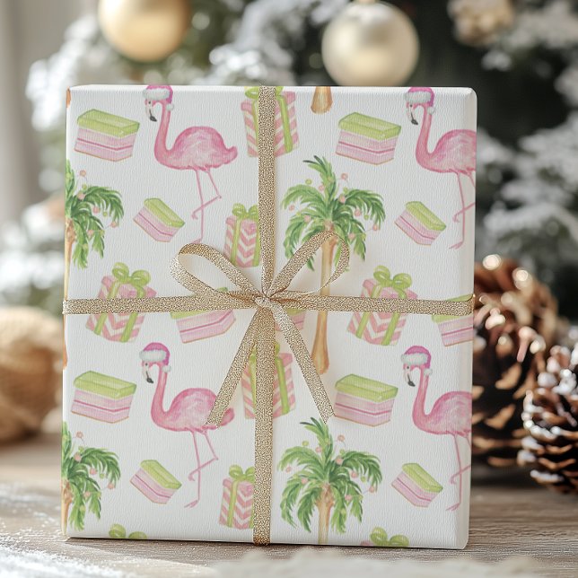 Papel De Presente Flamingo Rosa Aquarela Natal Praia (Criador carregado)