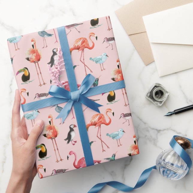 Papel De Presente Flamingo rosa aves marinhas tropicais (Presentear)