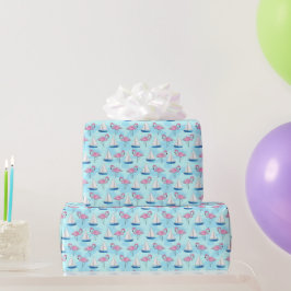 Papel De Presente Flamingo Rosa Barco à Vela Azul Preppy