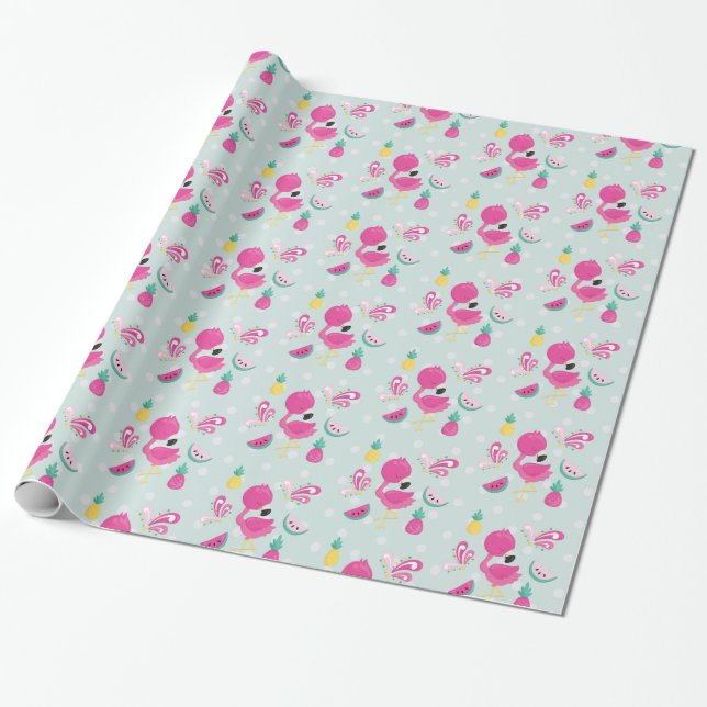 Papel De Presente Flamingo rosa com melancia e abacaxi (Desenrolado)