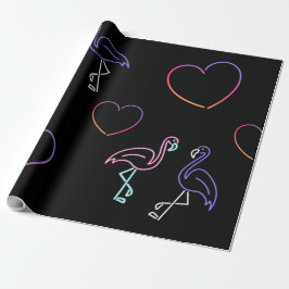 Papel De Presente Flamingo Rosa Neon Roxo e Corações 