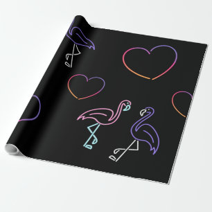 Papel De Presente Flamingo Rosa Neon Roxo e Corações 