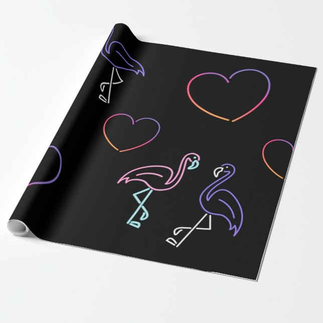 Papel De Presente Flamingo Rosa Neon Roxo e Corações  (Desenrolado)