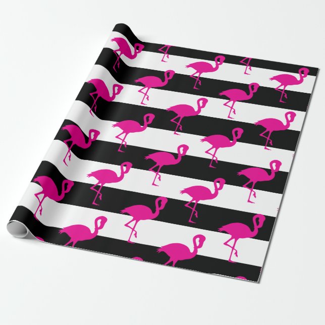 Papel De Presente Flamingo Rosa, Preto e Branco (Desenrolado)