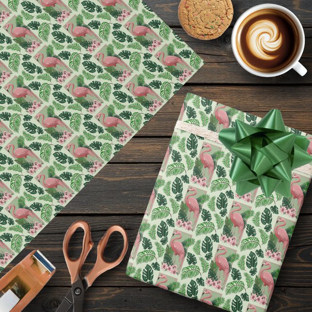 Papel De Presente Flamingo Rosa Tropical Folhas de Palmeira Verde Lí (Criador carregado)
