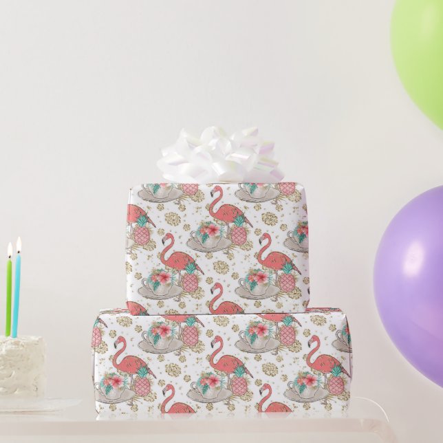 Papel De Presente Flamingo Rosa Tropical Pássaros Meninas Aniversári (Presentes para festas)