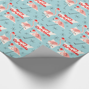 Papel De Presente Flamingo Santas Azul Feliz Natal