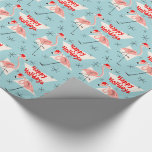 Papel De Presente Flamingo Santas Feriados Azuis Felizes<br><div class="desc">Um design de Natal animado e esquisito com um toque retrorreflector com flamingos cor-de-rosa vestindo chapéus de Santa, formas geométricas creme e estrelas em um fundo azul (mudança de cor). Um design personalizável para você personalizar com seu próprio texto, imagens e ideias. Uma imagem de arte digital original criada por...</div>
