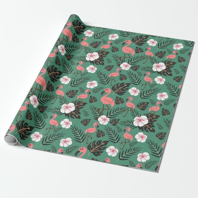 Papel De Presente Flamingo seamless pattern pink on green background (Desenrolado)