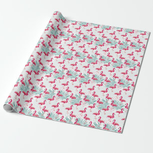 Papel De Presente Flamingo tropical e folhas, padrão de verão.