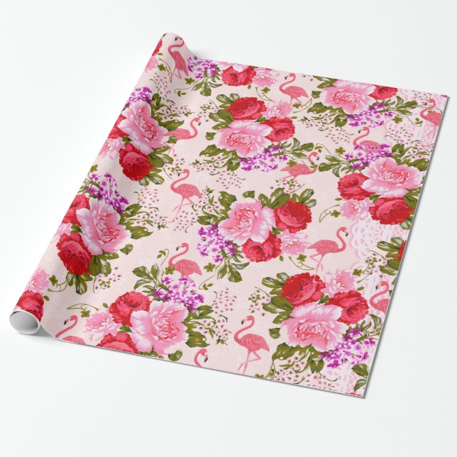 Papel De Presente Flamingo tropical floral dos rosas boémios (Desenrolado)