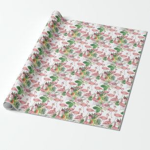Papel De Presente Flamingo Tropical Leaves Watercolor Patterno