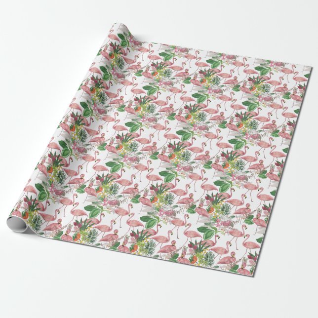 Papel De Presente Flamingo Tropical Leaves Watercolor Patterno (Desenrolado)