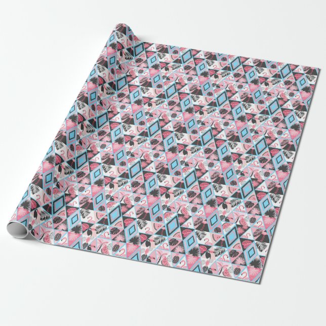 Papel De Presente Flamingo tropical, padrão de palma. (Desenrolado)