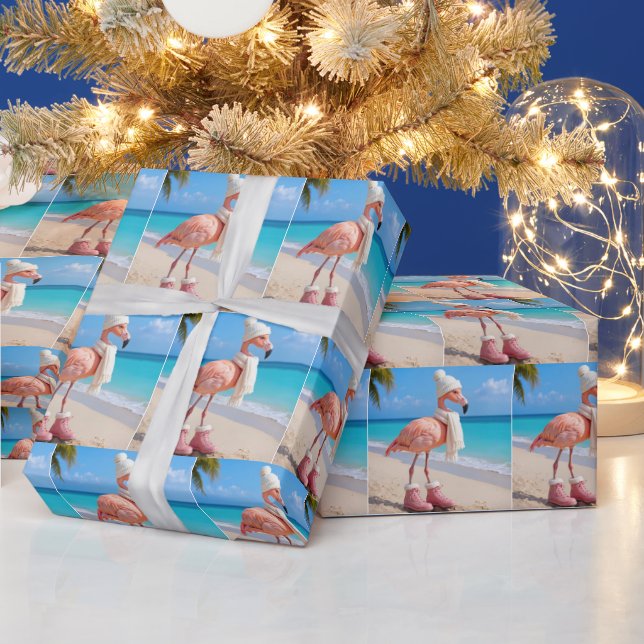 Papel De Presente Flamingo Usando Chapéu e Cachecol de Inverno (Feriados)
