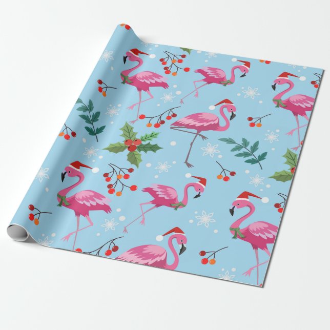 Papel De Presente Flamingos de Natal, Rosa, Red Holly Berries - Pres (Desenrolado)