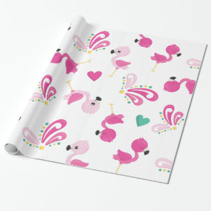 Papel De Presente Flamingos e Corações Rosa Caprichosos