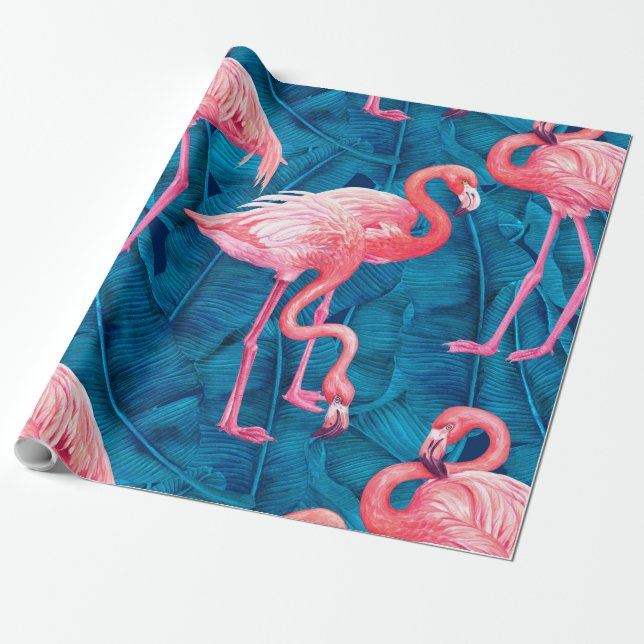 Papel De Presente Flamingos em folhas de bananas azuis (Desenrolado)