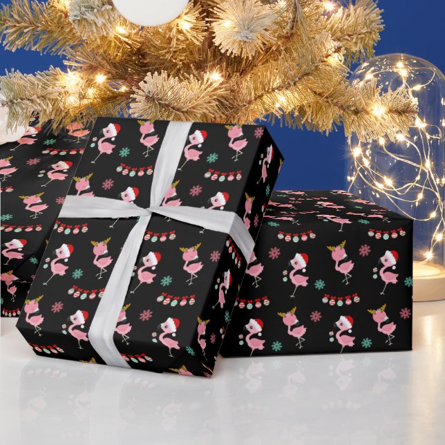 Papel De Presente Flamingos festivos de Natal a Preto (Feriados)