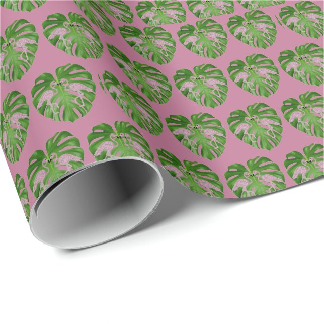Papel De Presente Flamingos Flamingo Monstera, Rosa Quente (Ponta do rolo)