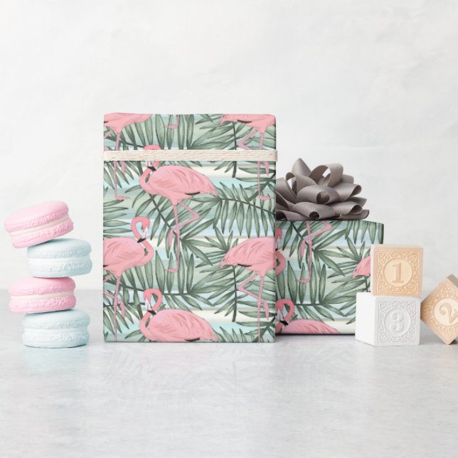 Papel De Presente Flamingos Rosa Hip Artístico Padrão Folhas de Palm (Chá de bebê)