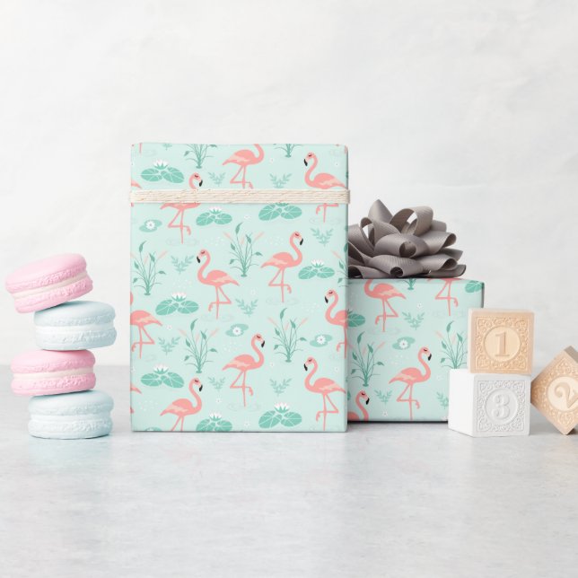 Papel De Presente Flamingos Rosa Verde Aves Tropicais  (Chá de bebê)