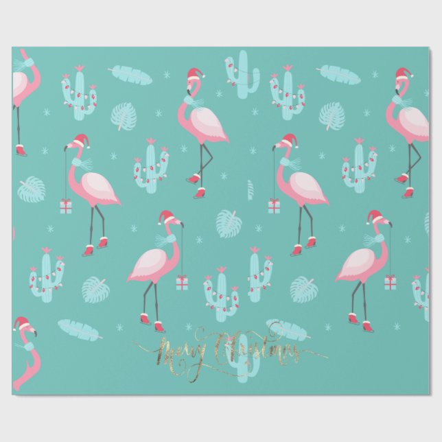 Papel De Presente Flamingos Santa Hat apresenta flocos de neve (Aberto)