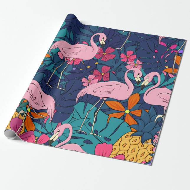 Papel De Presente Flamingos sobre fundo de folhas tropicais e f (Desenrolado)