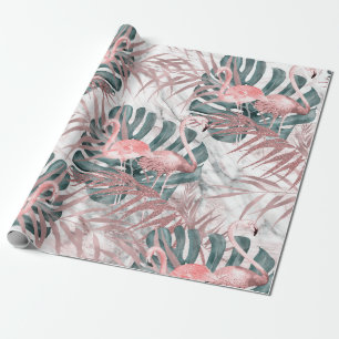 Papel de Presente Flamingos Tropicais Rosa Dourado