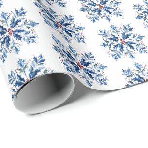 Papel De Presente Flauta de Neve de Azevinho Azul Natal Nórdico