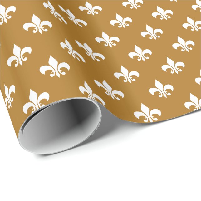 Papel De Presente Fleur-de-lis Branca em Dourado Fosco (Ponta do rolo)